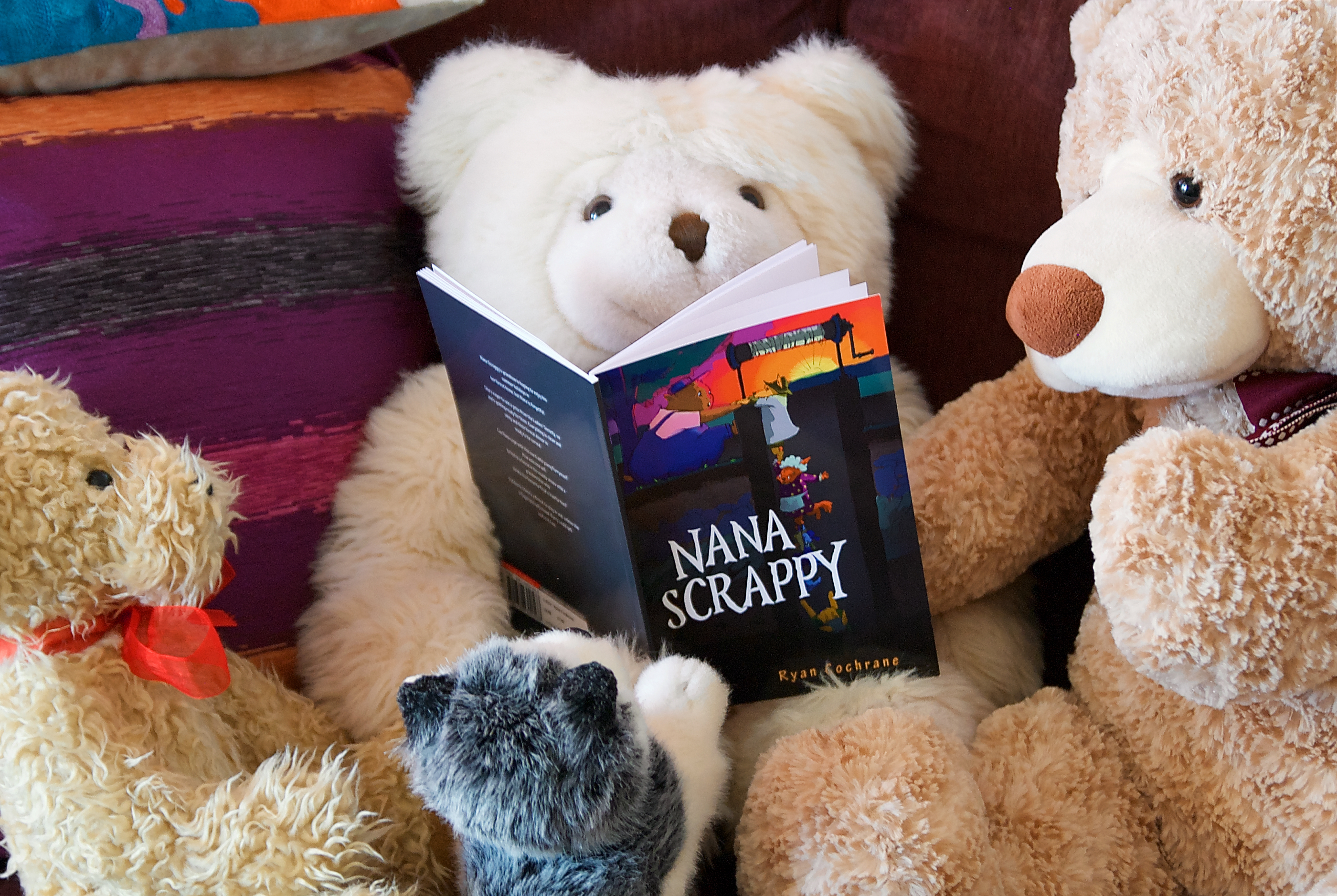 Mawson and friends happily read about Nana Scrappy, book by Ryan Cochrane.