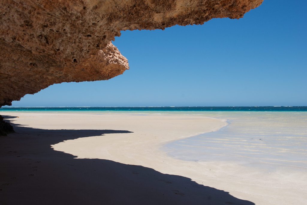 The overhanging lime stone shore of Coral Bay