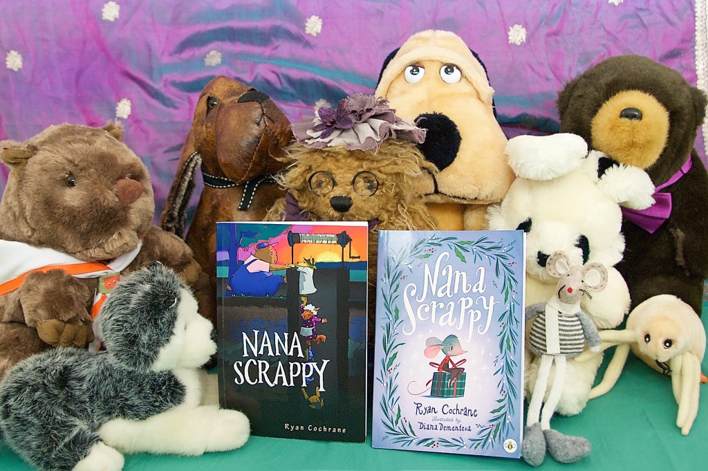 The Nana Scrappy Books by Ryan Cochrane shown here being admired by our own plushies