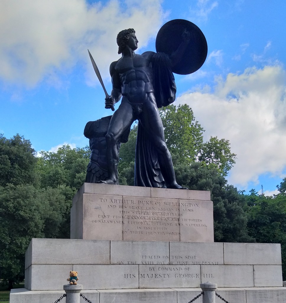 Statue of Achilles in Hyde Park. Scotty, who is also brave although smaller, is in the photo too