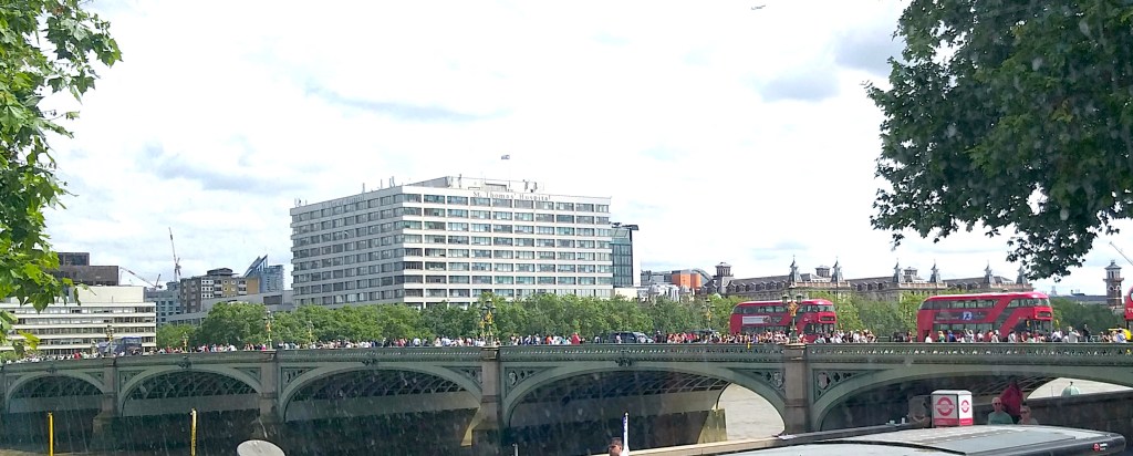 Hordes of people swarming over the bridge