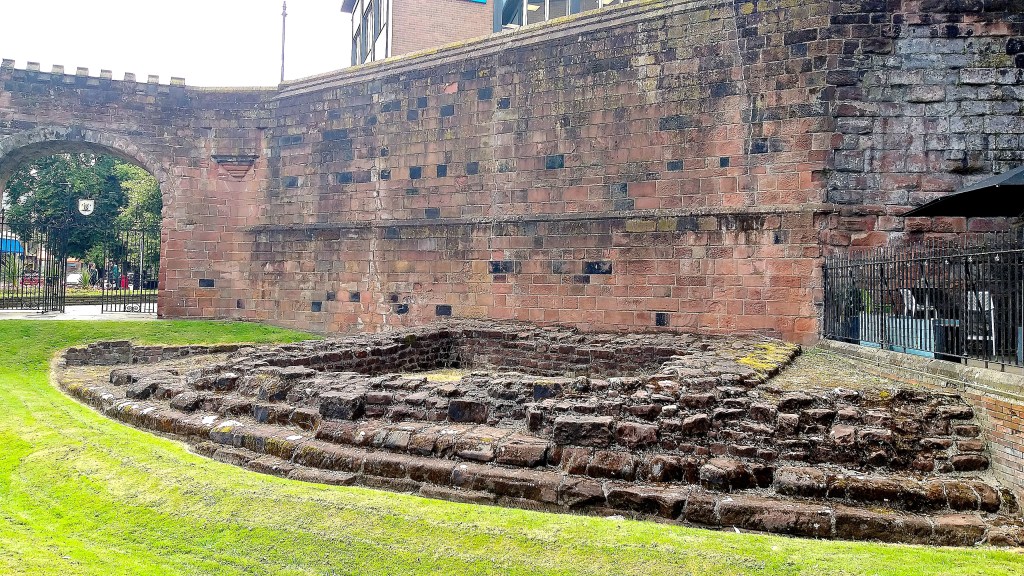 Medieval walls of Chester in Wales and remains of Roman fortifications