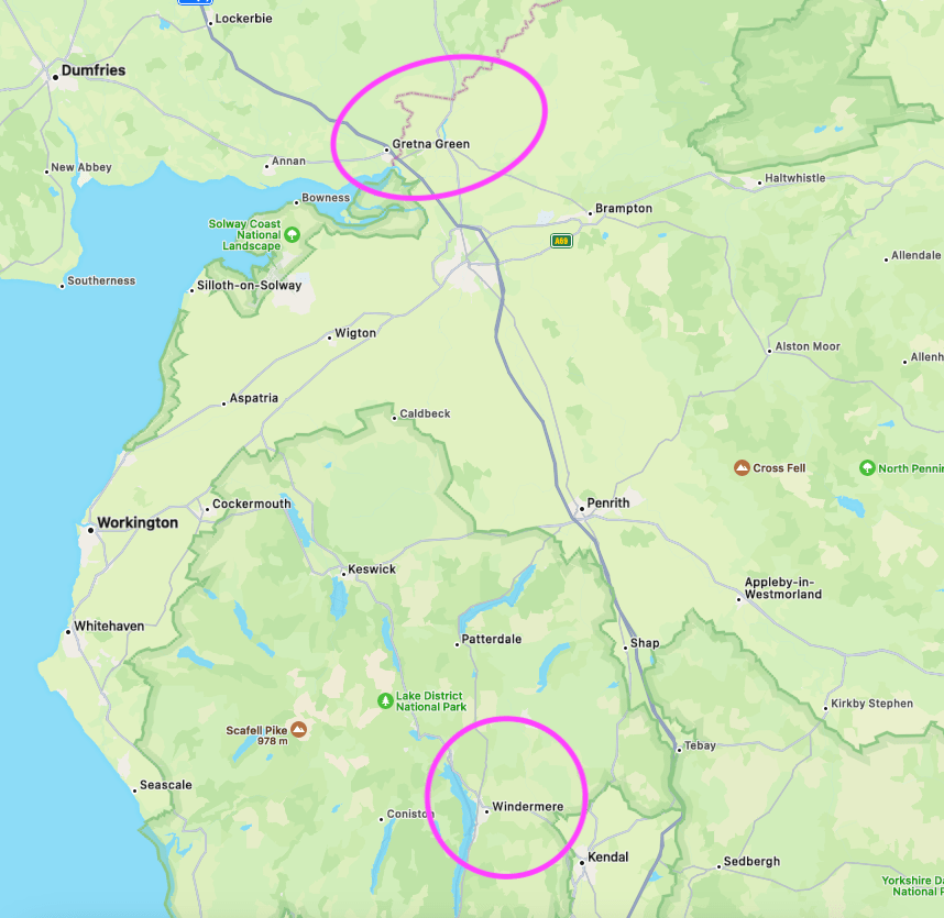 Map of Scotty's route from Lake Windermere to Gretna Green